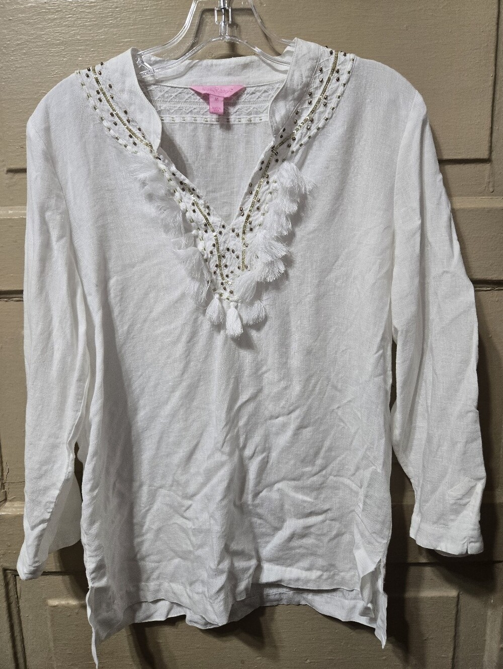 Lilly Pulitzer 100% Linen Amelia Island Tunic Style V-Neck Top GUC Size: Medium